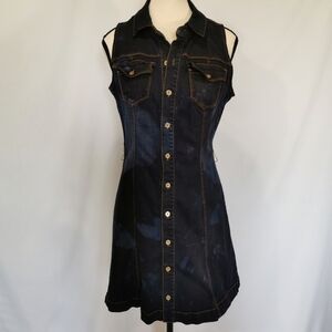 Bebe Full Button Front Sleeveless Denim Mini Dress in Dark Distressed Wash- Sz S